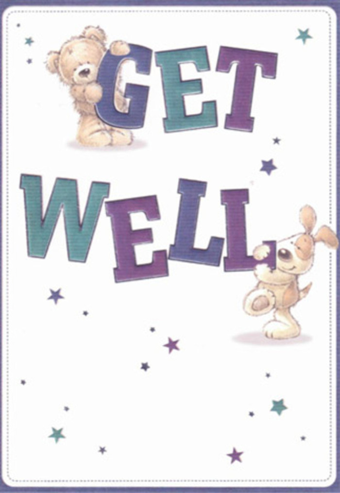 A heartfelt celebration of resilience and caring unfolds within this charming get well card, where a plush bear and sprightly puppy bring to mind the joys of friendship that brighten the neighbourhoods of Crawley. Playful stars drift across an immaculate background that evokes the clarity of a fresh morning near Southgate Avenue, their movement scattering good wishes with every glint of purple and blue. The soft brown fur of the bear invites gentle touch, while the puppy's expressive floppy ears and eager gaze radiate affection and encouragement. The typography-large, rounded, and shaded in regal violets and serene aquas-anchors the illustration with confidence and cheer. One can almost feel the textured softness of their illustrated coats and the uplifting presence they bring, much as a thoughtfully arranged bouquet would soothe a friend in recovery. Imagining this card delivered alongside fresh flowers from a local Crawley florist, the combined gesture offers a burst of hope, positivity, and connection, echoing the resilient spirit found throughout the community.